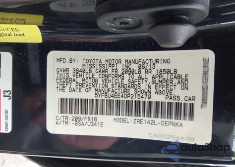 2013 Toyota Corolla Le from USA, damaged, VIN 5YFBU4EE4DP215479